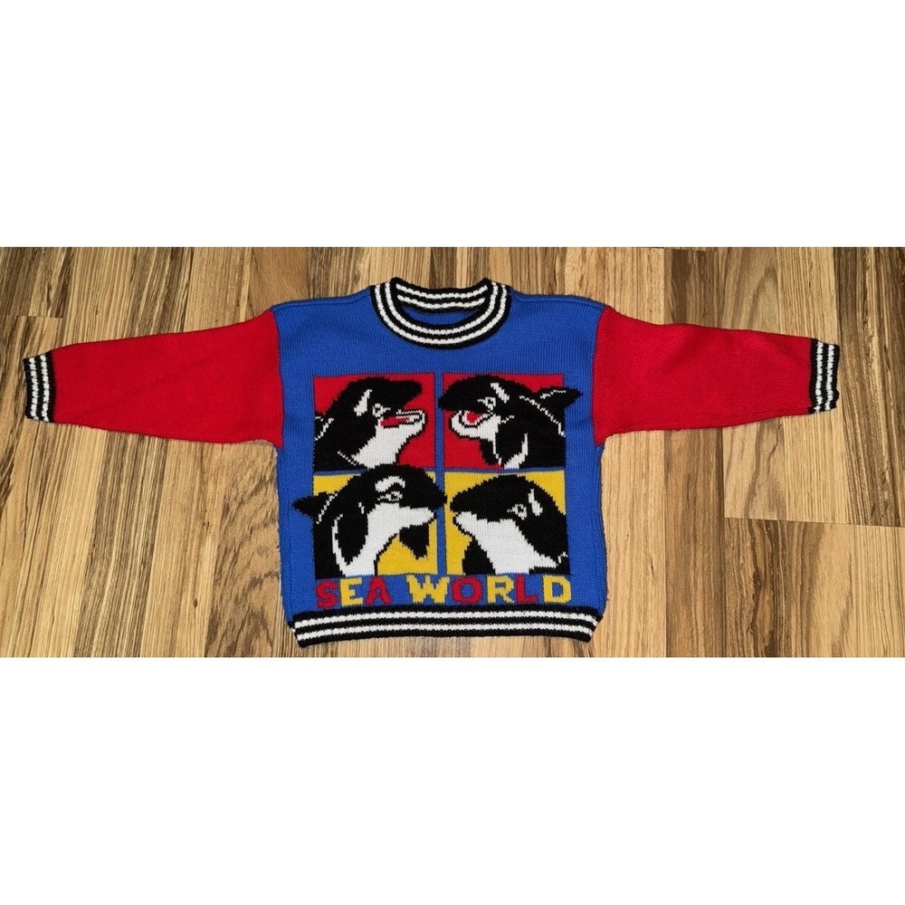 Sea World Vintage 90s Sweater Color Block Toddler Sz 2 Orca Whale Kids